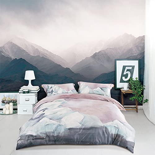 MILDLY 100% Long-Staple Cotton Duvet Cover Gray Pink Marble Pattern Comforter Cover Set 500TC Watercolor Abstract Reversible Soft & Breathable