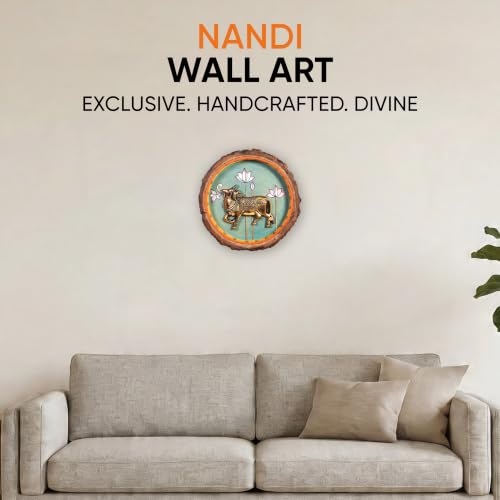 Image of AAKRITI ART CREATIONS Nandi Wall Art, Handcrafted Wooden Decor with Sacred Bull and Lotus Motif, Dhokra Art Set of 1, Multi Color Wall Panel | Matte Finish Mango Wood| Living Room, Bedroom, Office
