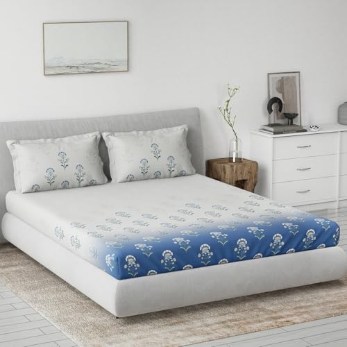 Image of DDECOR Live beautiful Cotton Queen Bed Sheet Set with 2 Pillow Covers (229 CM X 274 CM, Blue) Digital Print Global Ethnic 145TC GSM