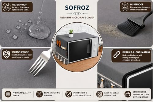 Image of Microwave Oven Cover for Durable, Waterproof and Dustproof Kitchen Protector with 4 Side Storage Pockets for Kitchen Accessories (100 x 35 cm) (Grey Lace)
