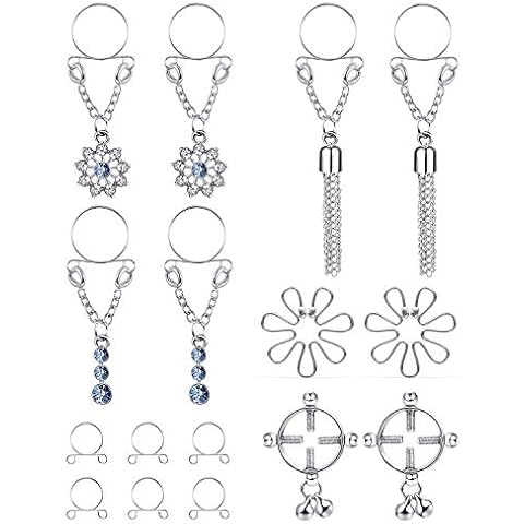 Cisyozi Stainless Surgical Steel Fake Clip on Silver Nipple Rings for Women Non-Piercing Dangle Nipplerings Faux False Nippe Body Piercing Jewelry for Women Men Cover