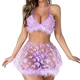 PURFUN Women Sexy Feather Butterfly Lingerie Set 3Pcs Bunny Nurse Uniform Costume Babydoll Set Roleplay Halloween Costume Cosplay Rave Outfits Bralette Bra Mini Skirt with G-String Set