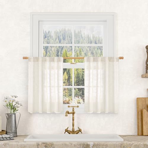 LAMIT Cream Linen Curtains 24 Inch Length, Semi Sheer Light Filtering Window Panels Back Tab and Rod Pocket Drapes for Kitchen/Small Windows, 25 x 24 Inch, 2 Panels