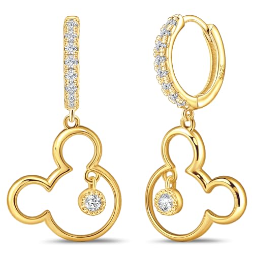 Mouse Earrings for Women Sterling Silver Plated Gold Mouse Dangle Hoop Earrings Sparkling CZ Lucky Cute Mini Earrings Animal Fashion Hypoallergenic Princess Jewelry Gifts for Daughter Birthday