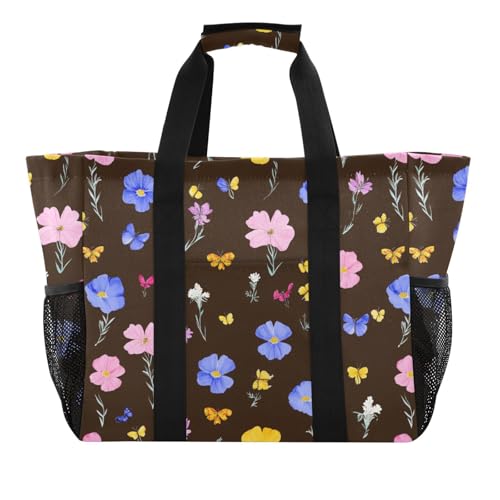JUNZAN Cute Florals in Black Utility Bag Foldable Tote Bag For Beach With Pockets Resuable Grocery Bags with Handles Laundry Bag Travel2