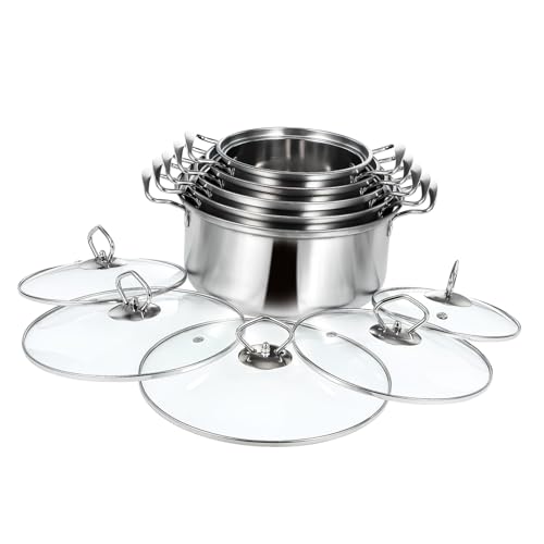 ULTECHNOVO Juego de 5 ollas de acero inoxidable con tapa de vidrio grande para estufa de inducción, suministros de cocina