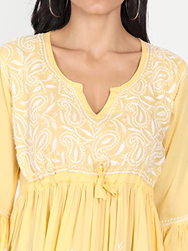 Image of indiankala4u Lucknow Chikankari Hand Embroidered Fit and Flared Top, Short Kurti for Women, Modal Cotton