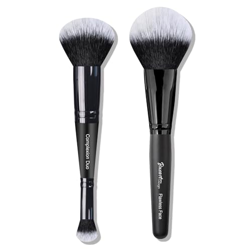 Duo Ended Foundation Concealer Blending Makeup Brush with Flawless Fluff Large Face Brush 2 Pcs Value Pack Ideal for Liquid, Cream,Buffing Cosmetics Makeup Contour Blush Bronzer by Bueart Design