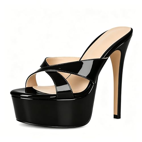 Image of Esvowido Heeled Mules for Women Cork Platform Stiletto Heels Slip on Open Toe High Heeled Sandals Crisscross Slippers Pumps Shoes