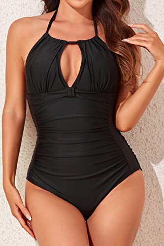 Smismivo Women's Tummy Control Swimwear Halter One Piece Retro Swimsuit Sexy Ruched Vintage Slimming Bathing Suit