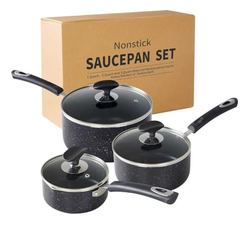 Nonstick Saucepan with Lid, Non Stick 1Qt & 2Qt & 3Qt Sauce Pan Set with Silicone Handle,Small Milk...