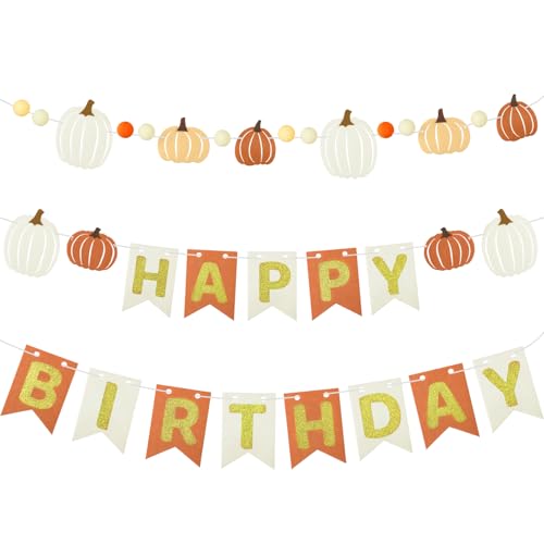 Epakh 3 Pcs Fall Happy Birthday Banner Little Pumpkin Birthday Garland for Girls or Kids Fall Wall Decor for Classroom, Halloween Party Decorations
