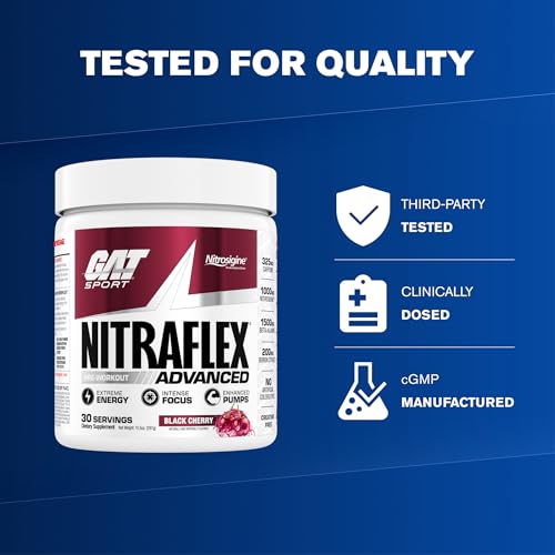Image of GAT SPORT Nitraflex Advanced Pre-Workout Powder - Energy Drink Mix - Supports Healthy Blood Flow - Boosts Strength & Energy - Creatine-Free - 30 Servings - Black Cherry