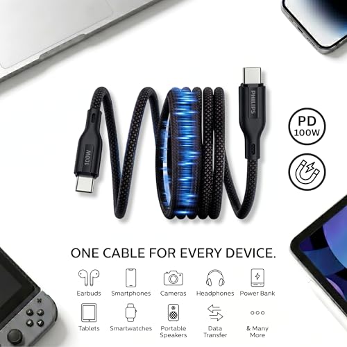 Image of PHILIPS DL7130CB /94 100W Magnetic Type-C to Type-C Fast Charging Cable (1m, Dark Slate) | Nylon Braided | Compatible with iPhone 15+ Series, USB-C iPad Models, Samsung Galaxy & All Type C Devices