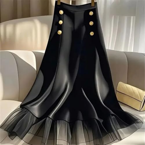Women Satin Patchwork Skirt Double Breasted A-Line Party Skirts3