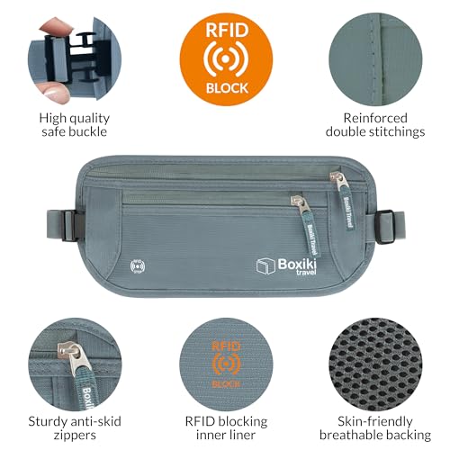 Image of Boxiki Travel Gray Money Belt + RFID Sleeves Set of 8 Pcs | RFID Blocking Secure Waist Bag, Credit Card Holders & Passport Holders for Men and Women | Keep Your Travel Essentials in Reach