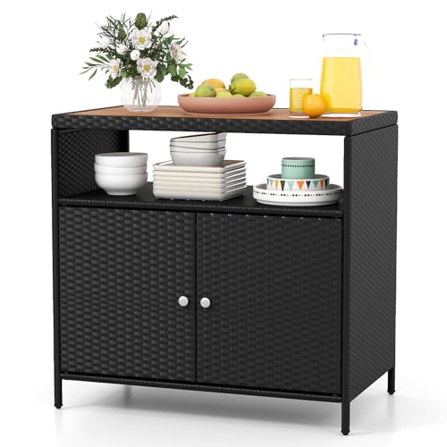 GIANTEX Armoire de jardin buffet en rotin avec plan de travail et étagère, armoire d'appoint pour jardin, balcon et piscine, 90 x 53 x 86 cm, noire