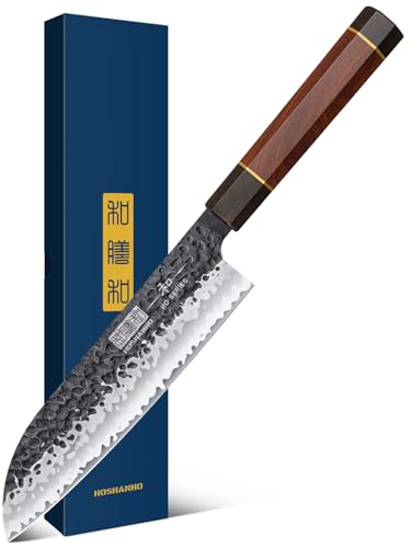 HOSHANHO Santoku Messer 18cm Handgeschmiedetes Kochmesser, Santokumesser Scharfe Messerklinge Küchenmesser aus Hochwertigem Carbon Edelstahl...