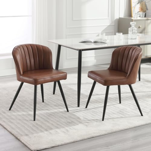 chairus Juego de 2 Sillas de Comedor de Cuero PU Sillas de Cocina Minimalista con Patas Negras, Silla Lateral sin Brazos para Casa/Restaurante, Marrón