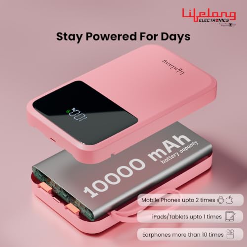Image of Lifelong Electronics 10000mAh 22.5W Fast Charging Power Bank | 3 Inputs (1 Built-in USB A Cable + 1 C + 1 Lightning Port) & 6 Outputs (3 Built-in Cables + 1 C + 2 A Port) | Small Pocket Size Powerbank