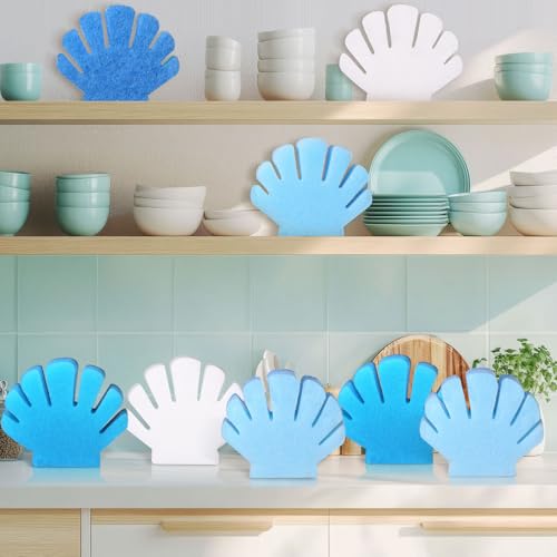 Image of Tioncy 12 Pack Shell Kitchen Sponges Bulk Dual Sided Scrubber Summer Shell White Blue Sponges Dishwashing Kitchen Cleaning Accessories for Funny Beach Sea Theme Household Supplies