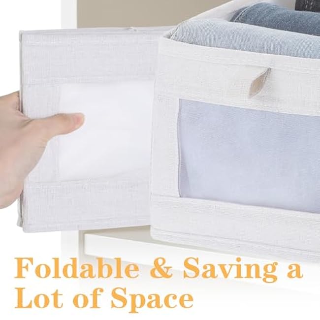6 Pack Foldable Linen Closet Organizers, Clear Window Storage Bins Storage Containers for Clothing, Towels, Books, Shelves, Beige