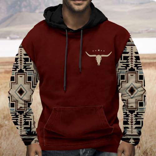 ZOCANIA Mens Aztec Hoodie Western Cowboy Sweatshirt Country Oversized Bull Head Long Sleeve Drawstring Pullover with Pocket2
