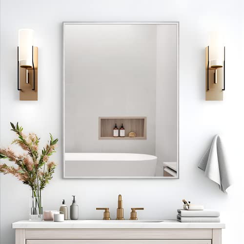 Neutype Wall-Mounted Mirror Rectangular Hanging Mirror Metal Framed Wall Mirror, Best For Bathroom, Washroom, Bedroom, Living Room, Silver, 36"X24" #TOP2