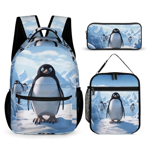 Penguin Antarctica Ice Backpack Set 3 Piece, Durable Backpack Insulated Lunch Bag Portable Pencil Case for Men Women