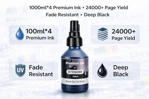 Image of ROHINK Premium Dye Ink Bottles for Brother Printers, T220, T300, T310, T420, T500, T520, T820, T920, T510, T910, T710, T4500W, T800W, T710W - Printer (100ml*4 Black)