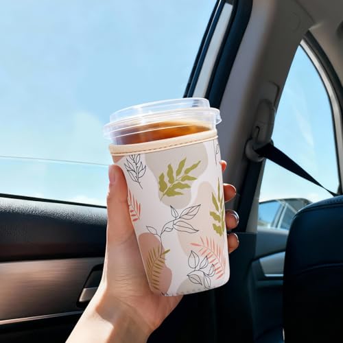 Image of Reusable Insulated Sleeve for Iced Coffee Cup, 3-Pack Coffee Neoprene Drink Sleeve for Cold & Hot Drinks, Beverage Holder for Iced Coffee (Boho Fronds)