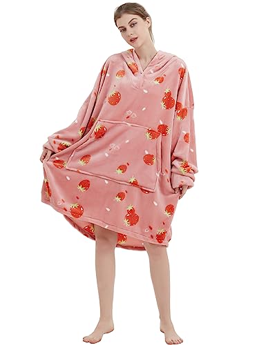 Image of ABENCA Wearable Blanket Hoodie Adult Oversized Sweatshirt Light Flannel Sherpa, Warm and Cozy, One Size Fits All.Strawberry