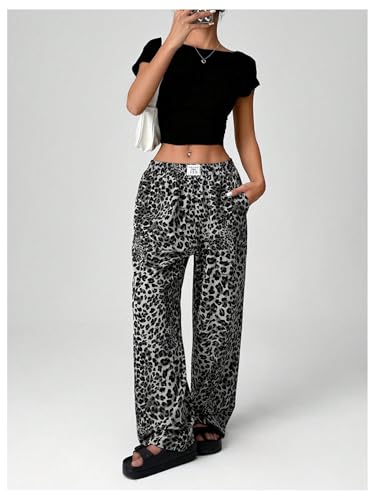 Image of RoseSeek Women's Letter Leopard Print Y2K Straight Elastic Waist Leg Pants | Cheetah Print, Straight, Baggy Loose Fit, Slant Pocket, Streetwear, Vintage, Graphic Trousers