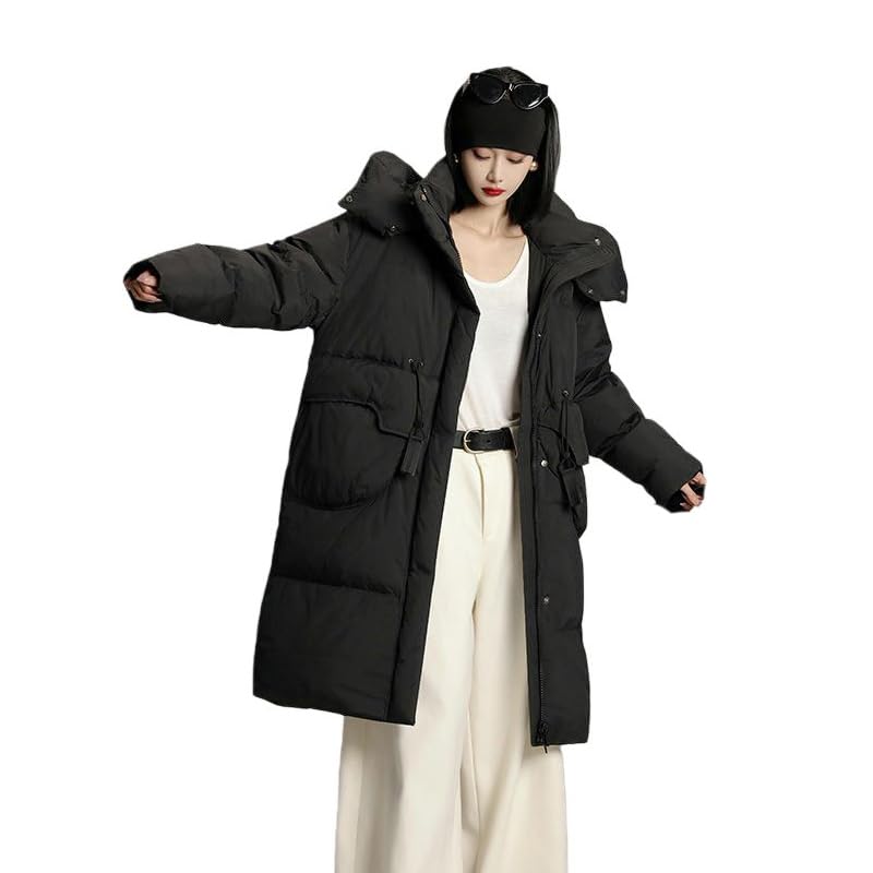 Veste d'hiver mi-longue à capuche femme coupe élégante finitions soignées noires