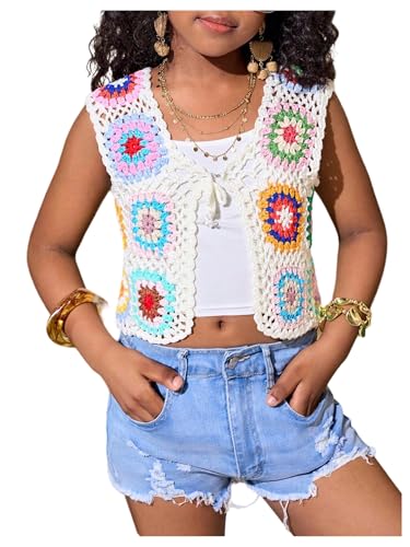 Floerns Girl's Floral Boho Crochet Tank Top Tie Front V Neck Sleeveless Crop Tops