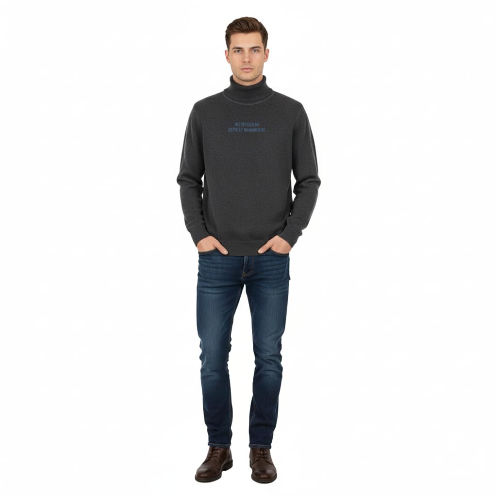Men Dark Grey High Neck Winter Sweater Chest 42 Inch Warm Knit Pullover with Text Front-picture-18