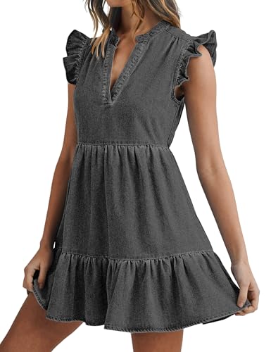 Image of POTILI Denim Dress for Women Mini Jean Dress with Pockets | Ruffle Sleeve, V-neck, Two Side Pockets