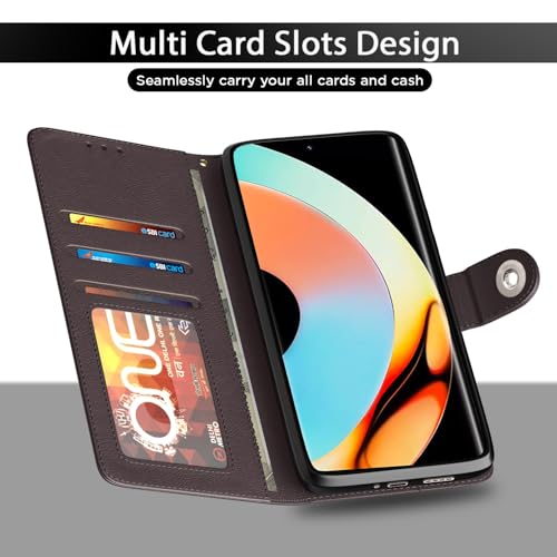 Image of Pikkme Flip Cover Leather Finish | Inside TPU with Card Pockets | Wallet Stand and Shock Proof | Complete Protection Button Flip Case for Realme 10 Pro Plus 5G (Coffee)