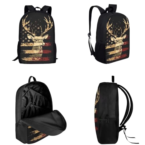 FKELYI American Flag Deer Backpack for Boys Kids 12-14 Large Capacity 17 Inch Schoolbag for Study Travel 3 Piece Bookbag Set with Lunch Box and Pencil Box3