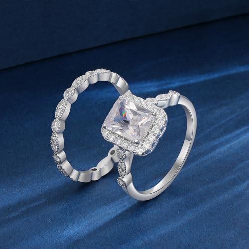 MDFUN Two-in-One Rectangle Cut Halo Engagement Rings Promise Ring Wedding Bands Set 18K White Gold Plated Rectangle Cubic Zirconia Eternity Band for Women Size 5-102