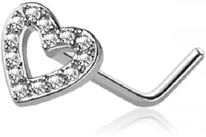 Heart Nose Cuff CZ Crystal Paved, 20GA Surgical Steel L-Bend Nose Screw