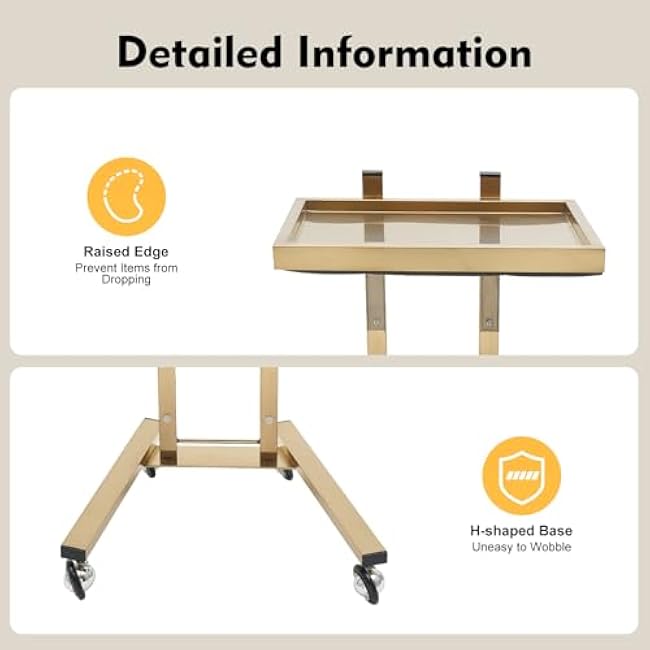 2 Tier Foldable Tray Trolley, Stainless Steel Salon Storage Metal Rolling Cart, Gold Beauty Salon SPA Rolling Cart with Wheel, Kitchen Storage Trolley-zrYjeTXE