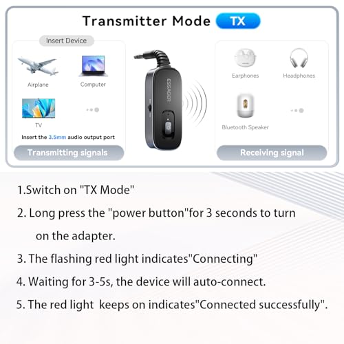 ESSAGER Bluetooth Receiver for Car, Noise Cancelling 3.5mm AUX Bluetooth Car Adapter, Wireless Audio Receiver Transmitter for Home Stereo/Wired Headphones Airplane, Gray