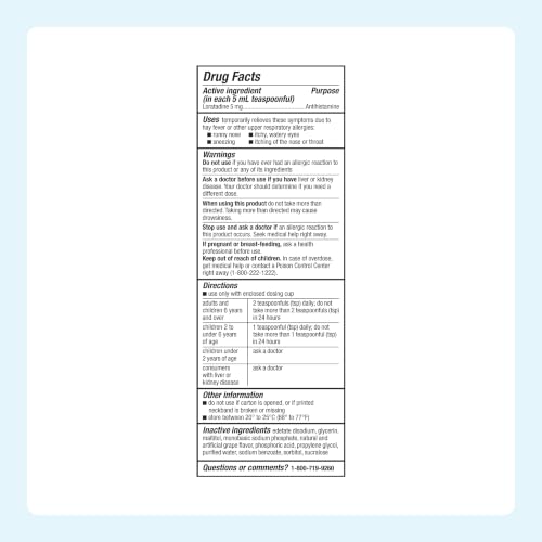 Amazon Basics Children’s Allergy Medicine, 24 Hour Loratadine Oral Solution 5 mg/5 mL, Non-Drowsy Antihistamine, Grape Flavor, Ages 2 and Older, 8 fl oz (Pack of 1) (Previously Care) - image 6