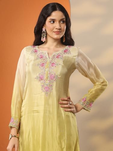 Image of Libas Embroidered Crepe Straight Kurta With Trousers and Dupatta | ethnic wear | bridal suit | wedding dress | occasion wear