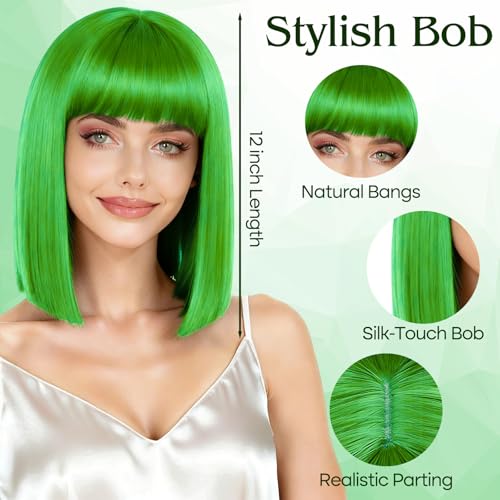 Image of PLULON Grass Green Bob Wig with Bangs, Short Straight Bob Wig with Heart Sunglasses 12 Inch Shoulder Length Heat Resistant Synthetic Hair for Women Natural Look Daily Cosplay Halloween Costume Party