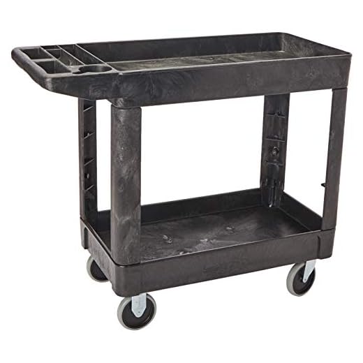 Rubbermaid Commercial Products 2-Shelf Utility/Service Cart, Small, Lipped Shelves, Storage Handle, 500 lbs. Capacity, for Warehouse/Garage/Cleaning/Manufacturing (FG450089BLA)