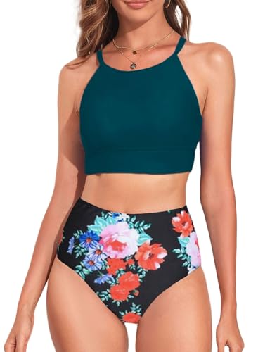 Image of Herseas Women's Bikini Sets High Neck Tropical Leaf Print High Waisted Two Pieces Swimsuits Bathing Suits