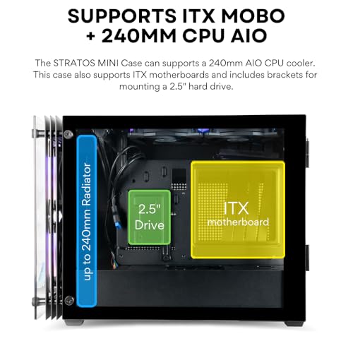 Gabinete para PC Gaming Stratos SFF: Mini-ITX, compatible con fuente SFX, cable riser PCIe 4.0, preparado para refrigeración AIO de 240 mm, con 4 ventiladores ARGB PWM (600-2000 rpm) y controlador incluido, soporte para GPU de triple ranura (125 mm) miniatura 7
