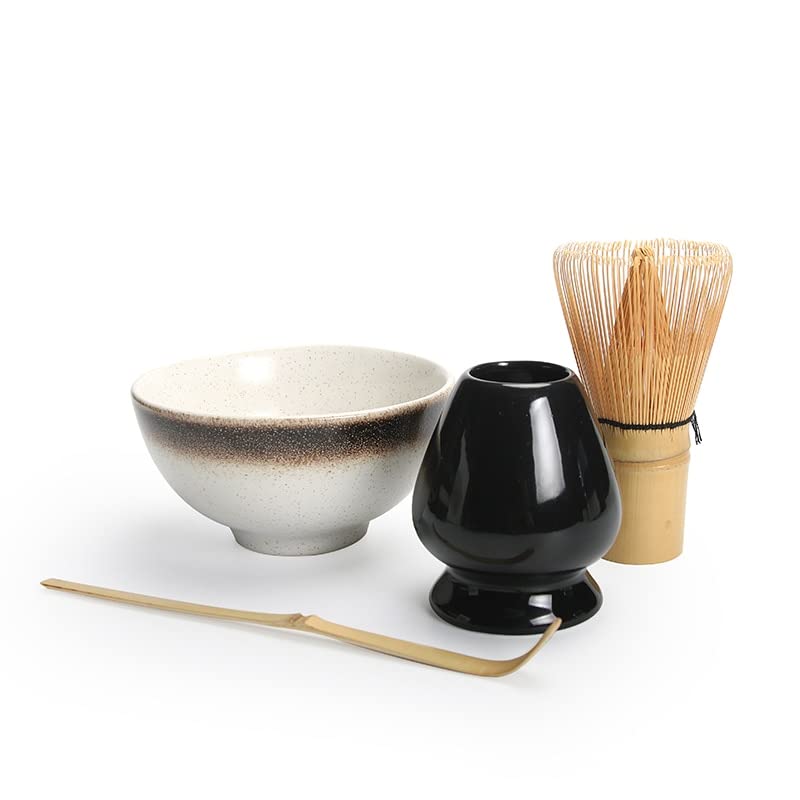 LIUXIN Juego de 4 Unidades de Matcha Tradicional, Juego de Regalo, batidor de Matcha Natural, Cuenco de Matcha cerámico, Soporte para batidor , Juegos de té japoneses